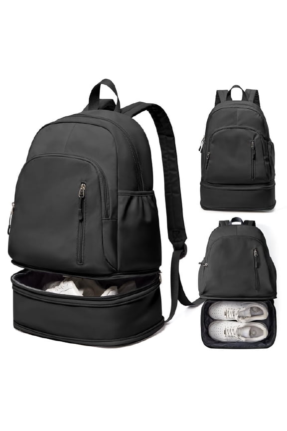 Gym Backpack with Shoe Compartment, Waterproof Lightweight Sport Bag for Men & Women, Casual Travel Swimming Bag, Black