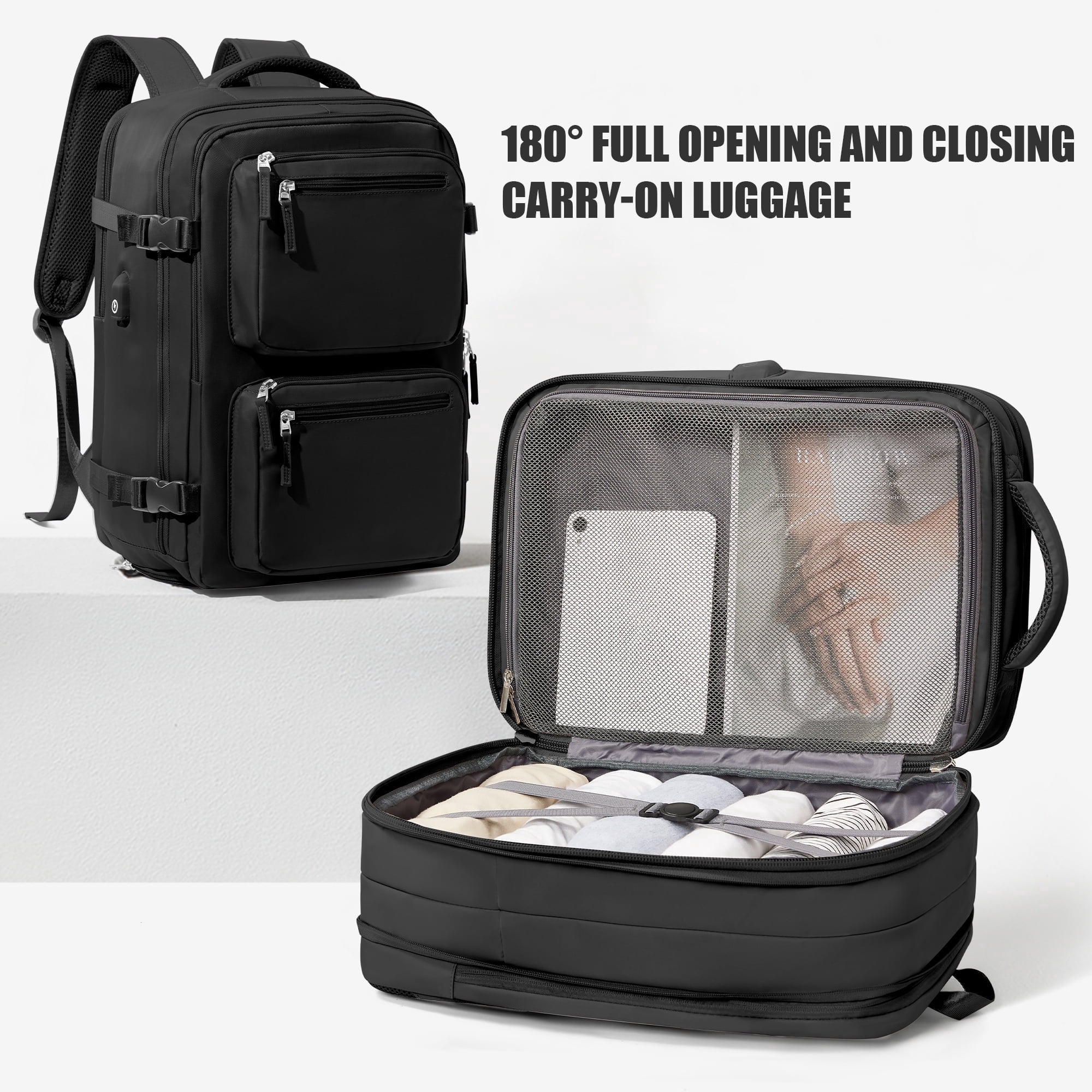 Large Travel Backpack for Men Women, Mochila de Viaje Carry on Backpack Flight Approved Luggage Laptop Backpack, Personal Item Travel Backpack Waterproof Morral de Viaje Suitcase Daypack Black