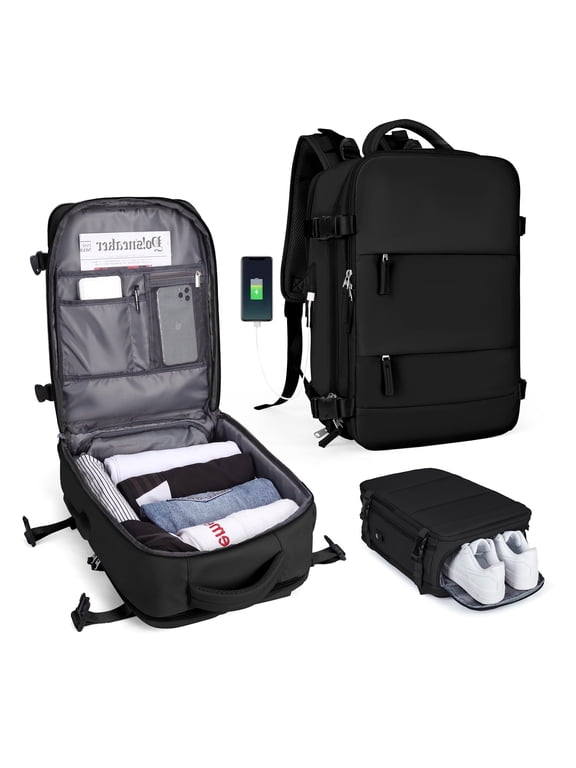 Large Travel Backpack for Women Men, Carry On Backpack Flight Approved, Personal Item Travel Bag Waterproof Luggage Backpack Small Laptop Backpack Black