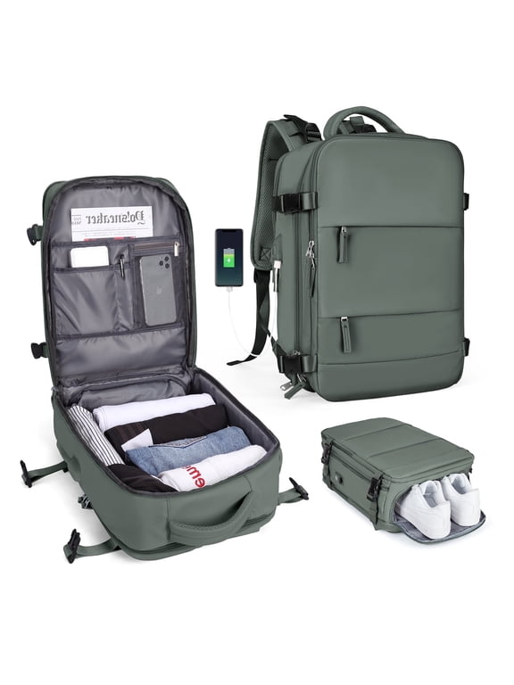Large Travel Backpack for Women Men, Carry On Backpack Flight Approved, Personal Item Travel Bag Waterproof Luggage Backpack Small Laptop Backpack Olive Green