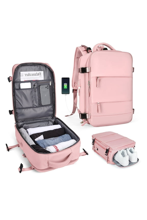 Large Travel Backpack for Women Men, Carry On Backpack Flight Approved, Personal Item Travel Bag Waterproof Luggage Backpack Small Laptop Backpack Pink