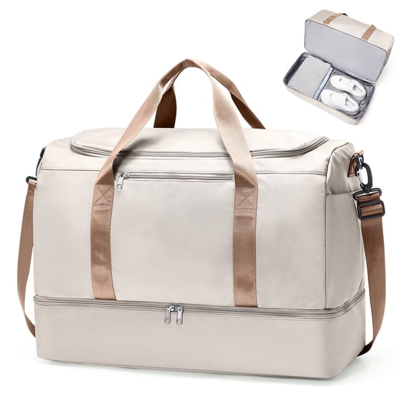 SYCNB Large Travel Duffel Bag, Weekender Overnight Bag for Women, Gym Tote Bag with Shoe Compartment, Carry-On Weekend Bag for Women with Wet Pocket for Travel Business, Beige Brown