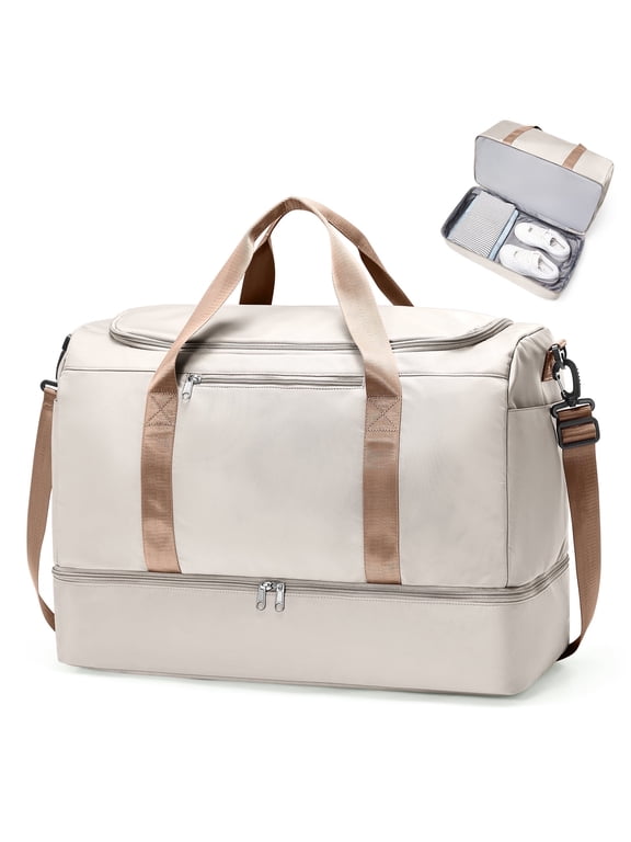 Large Travel Duffel Bag, Weekender Overnight Bag for Women, Gym Tote Bag with Shoe Compartment, Carry-On Weekend Bag for Women with Wet Pocket for Travel Business, Beige Brown