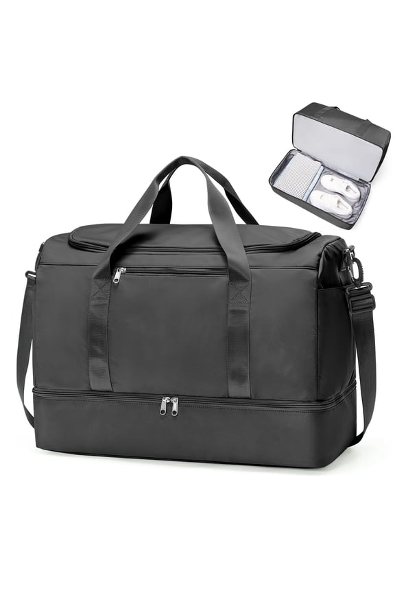 Large Travel Duffel Bag, Weekender Overnight Bag for Women, Gym Tote Bag with Shoe Compartment, Carry-On Weekend Bag for Women with Wet Pocket for Travel Business, Black