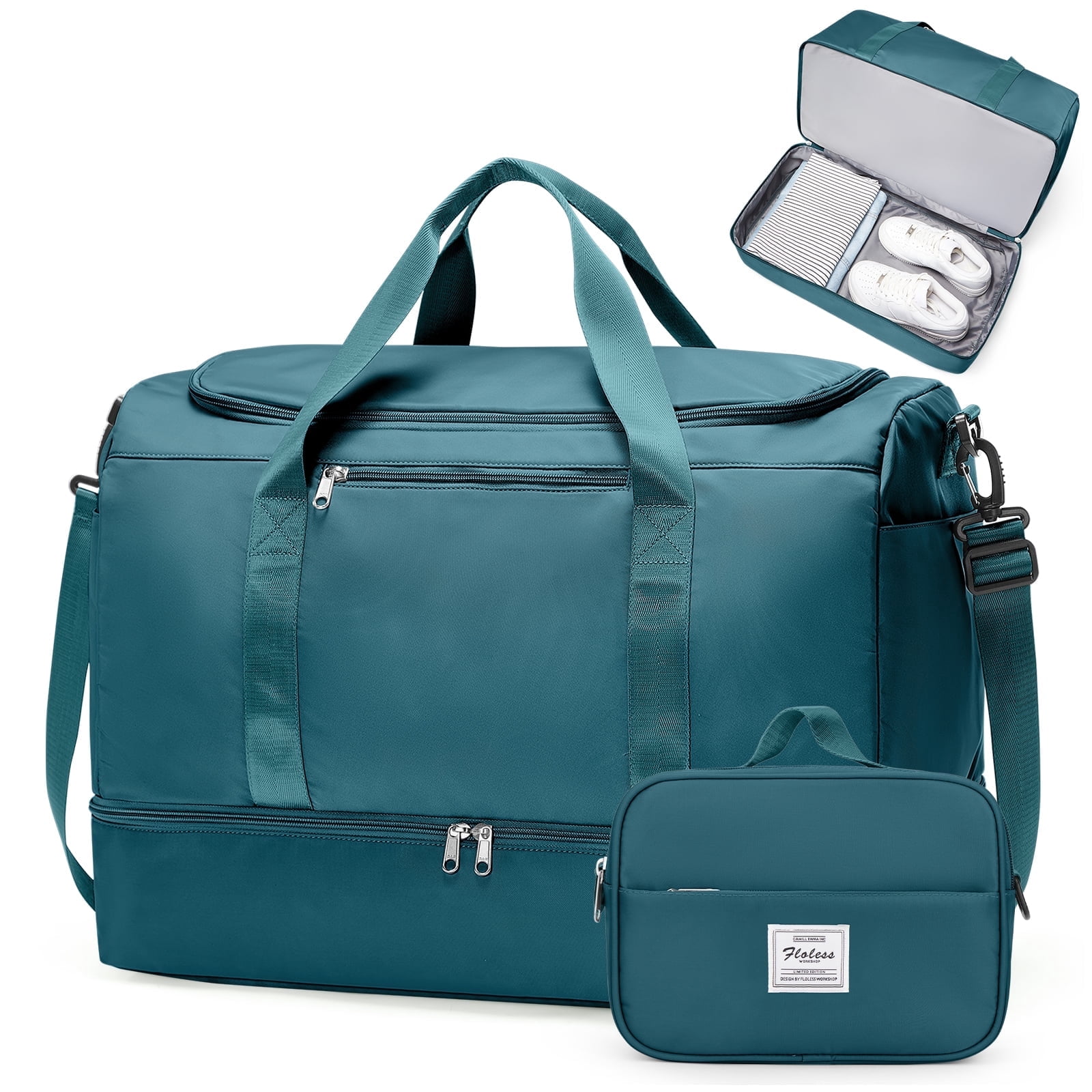 SYCNB Large Travel Duffel Bag, Weekender Overnight Bag for Women, Gym Tote Bag with Shoe Compartment & Toiletry Bag, Carry-On Weekend Bag for Women with Wet Pocket for Travel Business, Peacock Blue