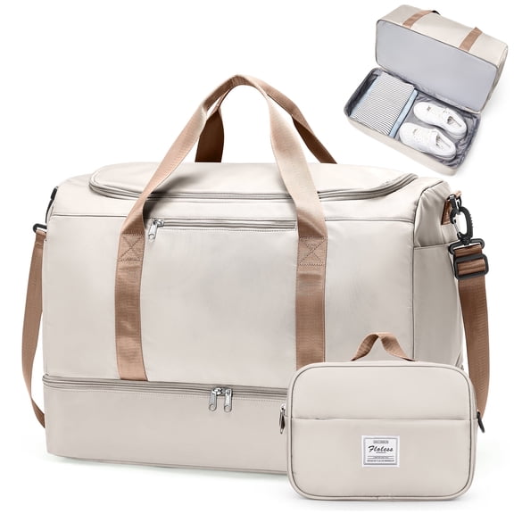 SYCNB Large Travel Duffel Bag, Weekender Overnight Bag for Women, Gym Tote Bag with Shoe Compartment & Toiletry Bag, Carry-On Weekend Bag for Women with Wet Pocket for Travel Business, Beige Brown