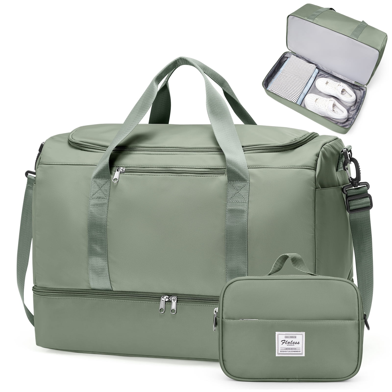 SYCNB Large Travel Duffel Bag, Weekender Overnight Bag for Women, Gym Tote Bag with Shoe Compartment & Toiletry Bag, Carry-On Weekend Bag for Women with Wet Pocket for Travel Business, Green
