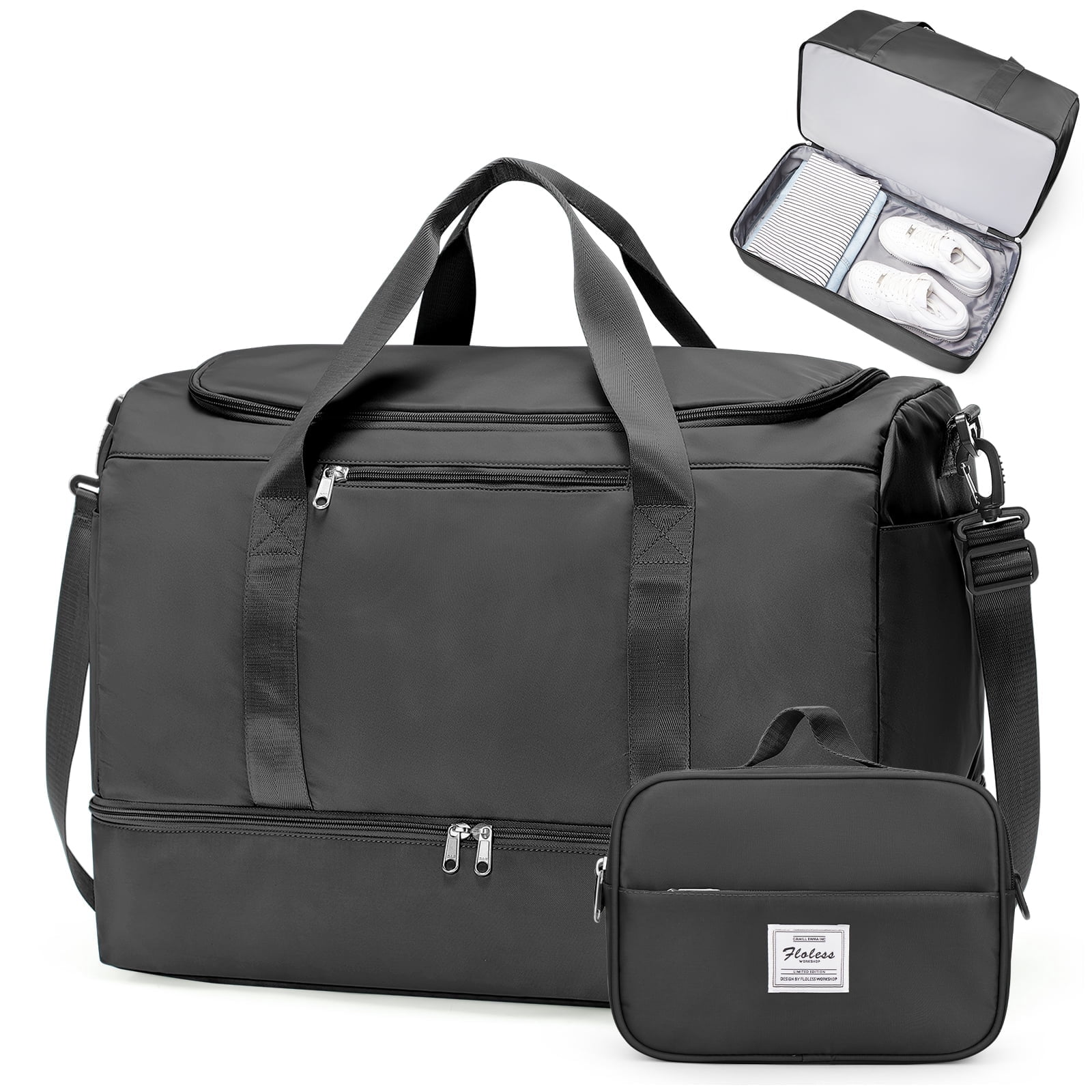SYCNB Large Travel Duffel Bag, Weekender Overnight Bag for Women, Gym Tote Bag with Shoe Compartment & Toiletry Bag, Carry-On Weekend Bag for Women with Wet Pocket for Travel Business, Black