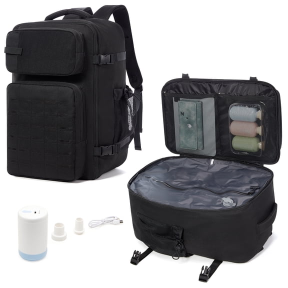 SYCNB Vacuum Travel Backpack with Pump, Waterproof Backpack for Men, Carry-On Personal Item Travel Bag, Versatile Vacuum Compression Backpack for Travel Hiking, Black