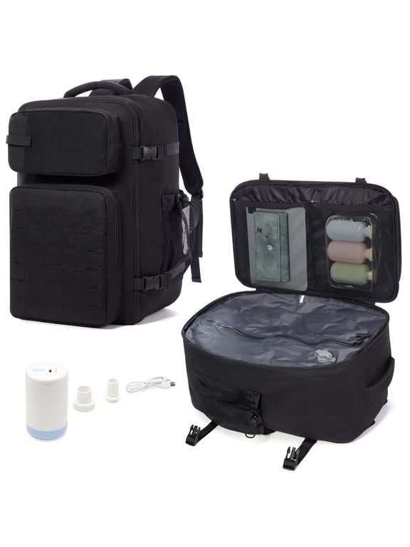 Vacuum Travel Backpack with Pump, Waterproof Backpack for Men, Carry-On Personal Item Travel Bag, Versatile Vacuum Compression Backpack for Travel Hiking, Black