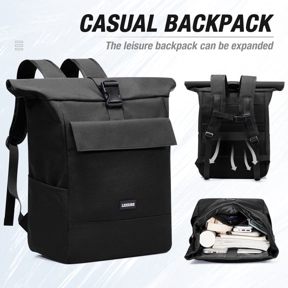 SYCNB Rolltop Backpack for Men & Women, Waterproof Travel Backpack with computer compartment, 24L/27L Expandable Capacity Daypack for Work College Trip, Black