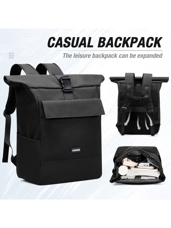 Rolltop Backpack for Men & Women, Waterproof Travel Backpack with computer compartment, 24L/27L Expandable Capacity Daypack for Work College Trip, Black