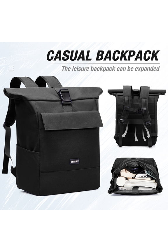 Rolltop Backpack for Men & Women, Waterproof Travel Backpack with computer compartment, 24L/27L Expandable Capacity Daypack for Work College Trip, Black
