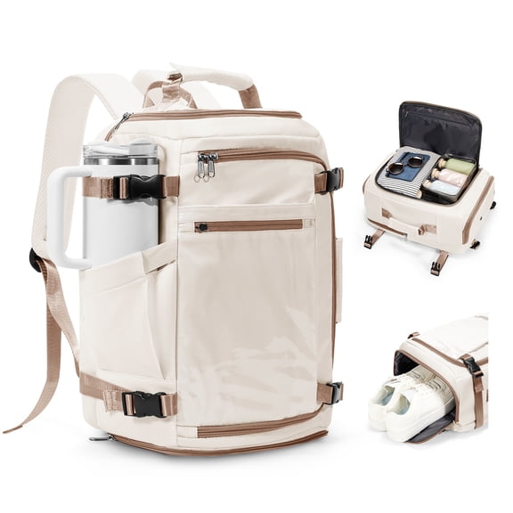 SYCNB Travel Backpack for Women & Men with Large Capacity, Airline Approved Carry On Personal Item Bag for Travel Business Trips, 3-Way Carry Weekender Overnight Laptop Bag Fit for 15.6", Beige Brown