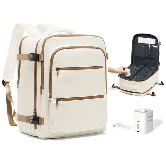 SYCNB Vacuum Seal Backpack with Air Pump, Carry On Travel Backpack Airline Approved Backpacks for Women Men, Large Water Resistant Personal Item Bag for Trip Business Daily, Beige Brown