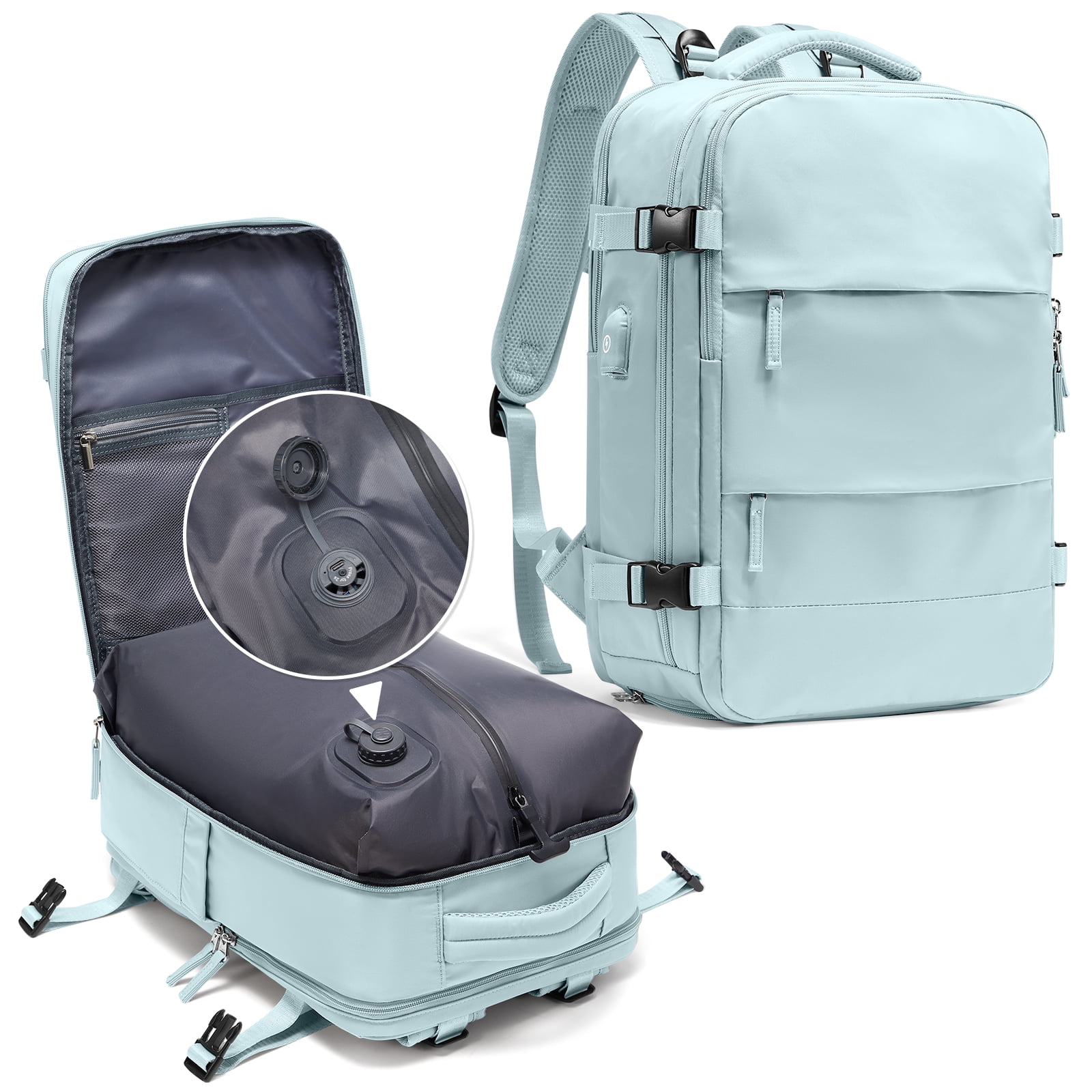 SYCNB Vacuum Travel Backpack for men women, Large Capacity Airline Approved Carry-On Backpack Features USB Charging Port, Waterproof Rucksack Fits 15 Inch Laptop, for Traveling Business, Light Blue