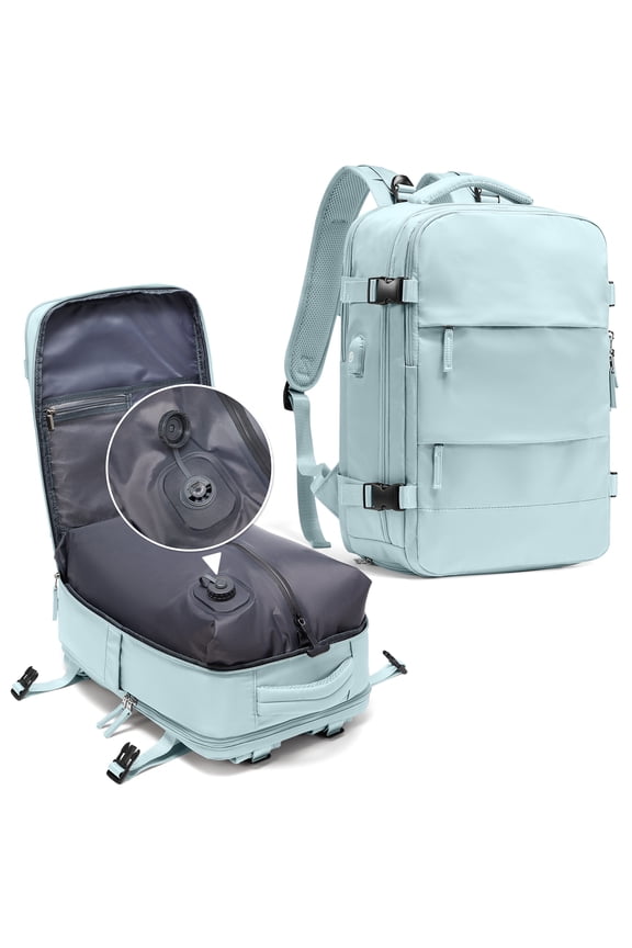 Vacuum Travel Backpack for men women, Large Capacity Airline Approved Carry-On Backpack Features USB Charging Port, Waterproof Rucksack Fits 15 Inch Laptop, for Traveling Business, Light Blue
