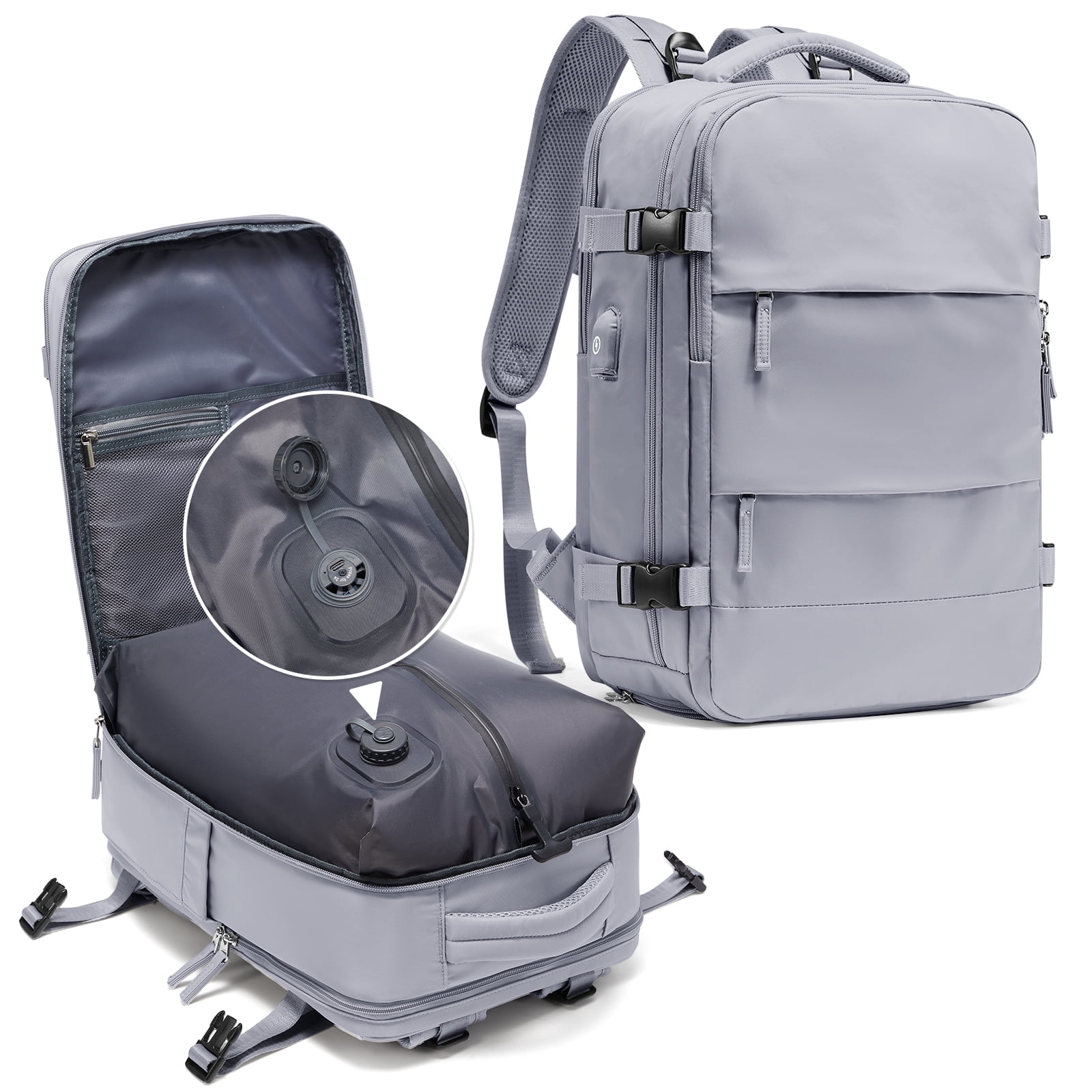 SYCNB Vacuum Travel Backpack for men women, Large Capacity Airline Approved Carry-On Backpack Features USB Charging Port, Waterproof Rucksack Fits 16 Inch Laptop, for Traveling Business, Gray