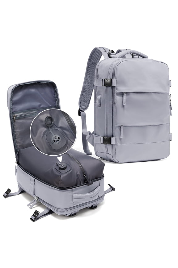 Vacuum Travel Backpack for men women, Large Capacity Airline Approved Carry-On Backpack Features USB Charging Port, Waterproof Rucksack Fits 16 Inch Laptop, for Traveling Business, Gray