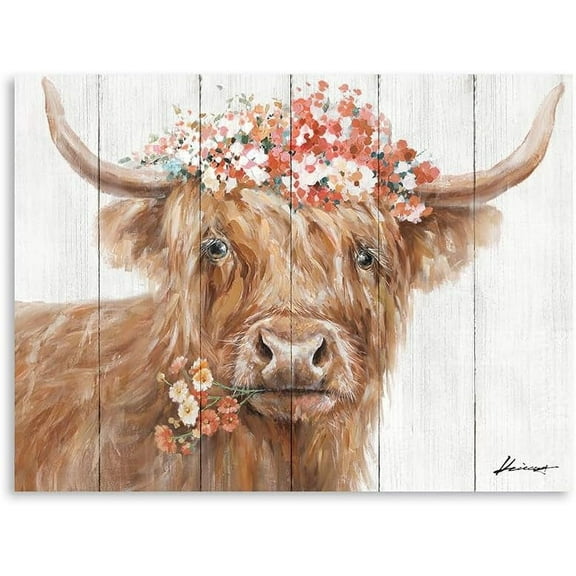 SYDposter Highland Cow Decor for Farmhouse: Retro Scottish Calf pictures hold Flowers Inspirational Quote Canvas Wall Art for boy's bedroom Kitchen Unframed Ready to Hang Size 32"x24"