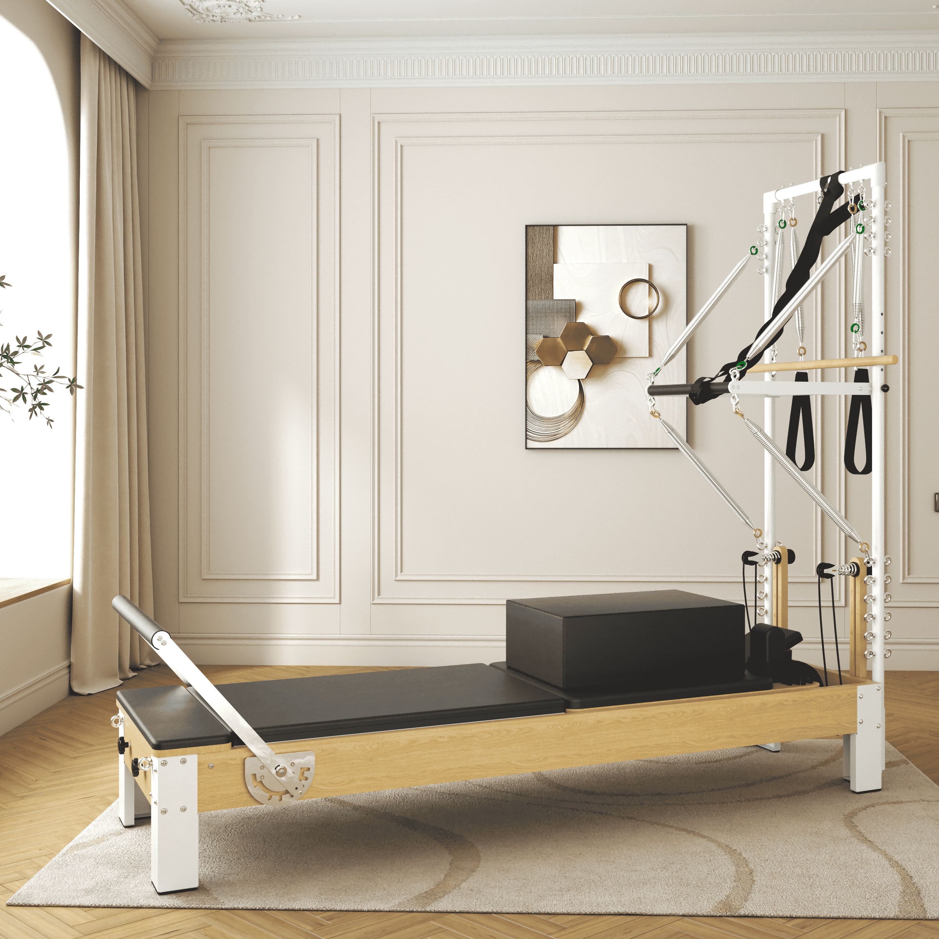 SYEDEE Pilates Reformer, Wooden Pilates Reformer Machine with Tower & Mat, Pilates Equipment for Home Workout and Studio, with Reformer Accessories, Sitting Box, Jump Board