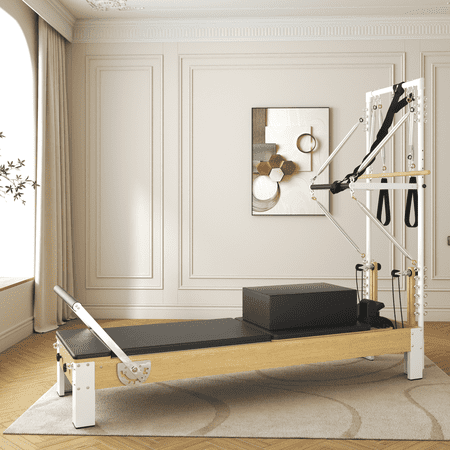 SYEDEE Pilates Reformer, Wooden Pilates Reformer Machine with Tower & Mat, Pilates Equipment for Home Workout and Studio, with Reformer Accessories, Sitting Box, Jump Board