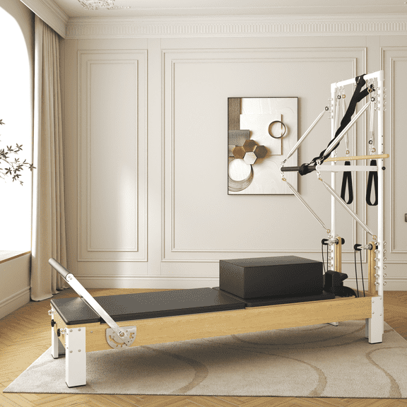 SYEDEE Pilates Reformer, Wooden Pilates Reformer Machine with Tower & Mat, Pilates Equipment for Home Workout and Studio, with Reformer Accessories, Sitting Box, Jump Board