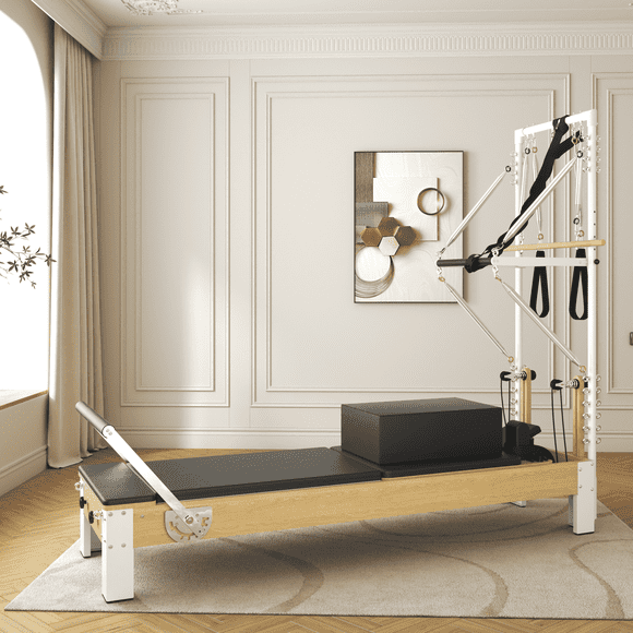 SYEDEE Pilates Reformer, Wooden Pilates Reformer Machine with Tower & Mat, Pilates Equipment for Home Workout and Studio, with Reformer Accessories, Sitting Box, Jump Board
