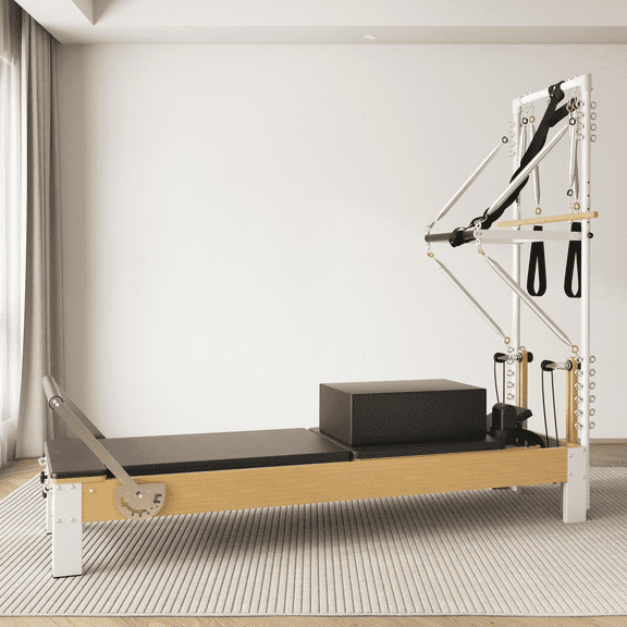 SYEDEE Pilates Reformer, Wooden Pilates Reformer Machine with Tower & Mat, Pilates Equipment for Home Workout and Studio, with Reformer Accessories, Sitting Box, Jump Board