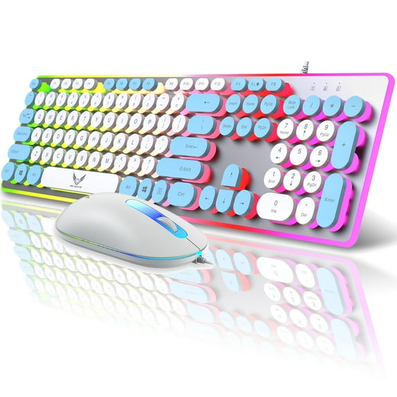 SYGTA Gaming Keyboard and Mouse Combo, 104 keys RGB Backlit USB-A Wired Computer Keyboard for Game and Office,Retro Punk Round Keycaps for PC Mac,Blue&White