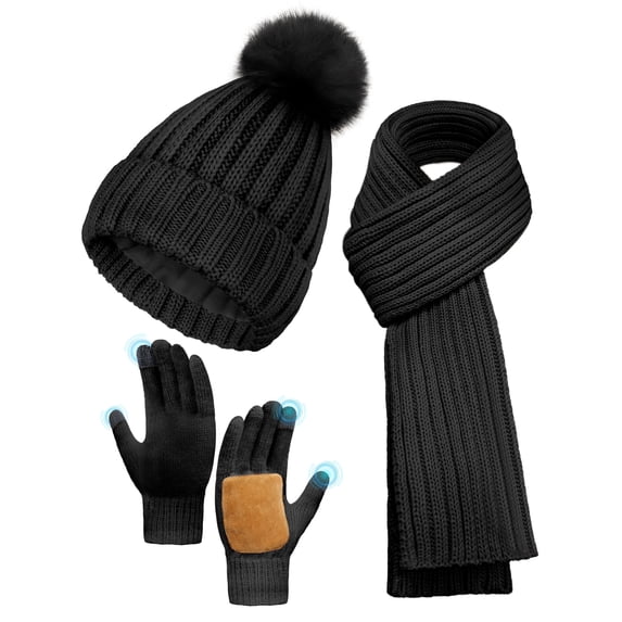 SYITCUN 100% Acrylic Winter Beanie Hat, Warm Hat Scarf Glove Set for Women,Fleece Lined Winter Beanie 3 in 1 -Black Thermal Women Beanie with Pom,Thicken Widen Long Knit Scarf,Touchscreen Gloves