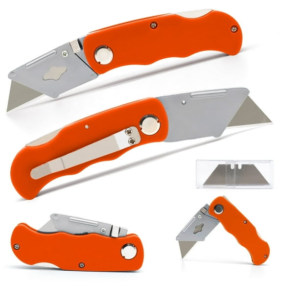 4 Pack Folding Utility Knife,Pocket Box Cutter Knife,Heavy Duty Box Cutter Knife with Clip,Lock Back Design Pocket Knife,Quick Change Blade Box Knife with Extra 10 Pack Blades