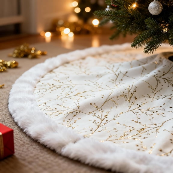 SYITCUN Christmas Tree Skirt, 36 Inch White and Gold Tree Skirt, Faux Fur Xmas Tree Skirt for 3 to 6 Ft Christmas Trees, Thicker Plush Christmas Tree Decorations