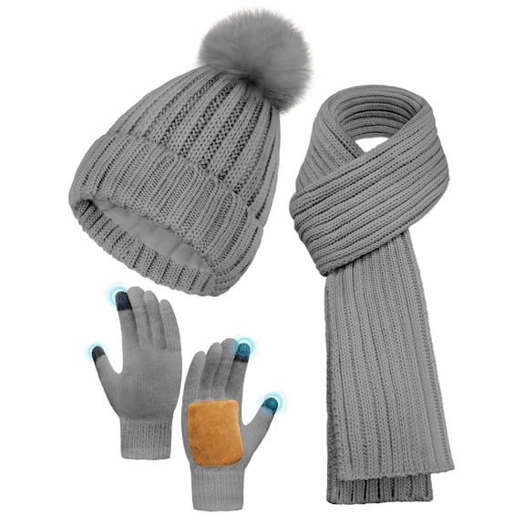 SYITCUN Winter Warm Hat Scarf Glove Set for Women,Fleece Lined Winter Beanie 3 in 1 - Beige Thermal Women Beanie with Pom, Thicken Widen Long Knit Scarf,Touchscreen Non-Slip Gloves