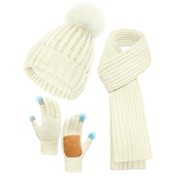 SYITCUN 100% Acrylic Winter Beanie Hat, Warm Hat Scarf Glove Set for Women,Fleece Lined Winter Beanie 3 in 1 - White Thermal Women Beanie with Pom,Thicken Widen Long Knit Scarf,Touchscreen Gloves