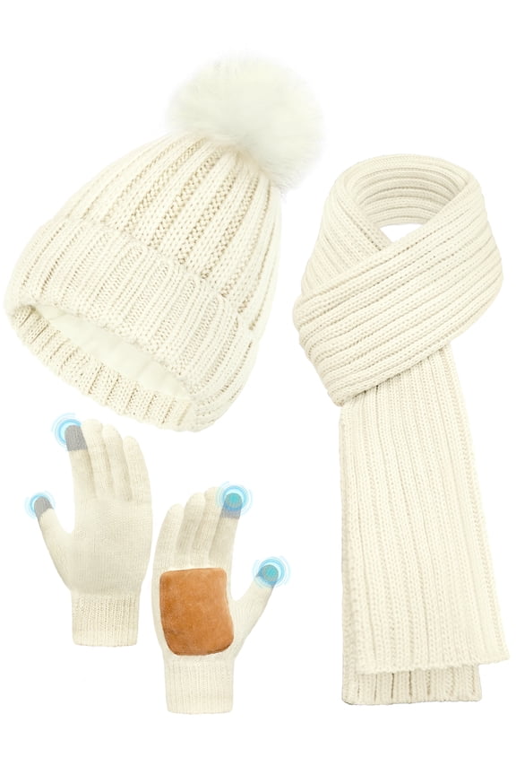 100% Acrylic Winter Beanie Hat, Warm Hat Scarf Glove Set for Women,Fleece Lined Winter Beanie 3 in 1 - White Thermal Women Beanie with Pom,Thicken Widen Long Knit Scarf,Touchscreen Gloves