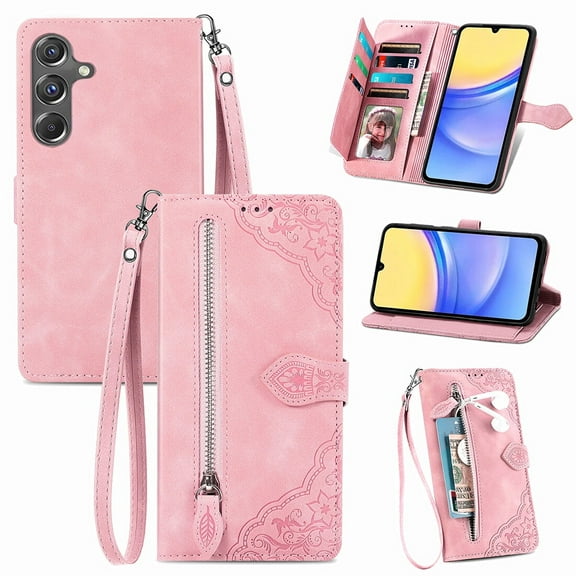 SYITOOCK PU Leather Wallet Case with Card Slots for Samsung Galaxy A15 5G, Pink