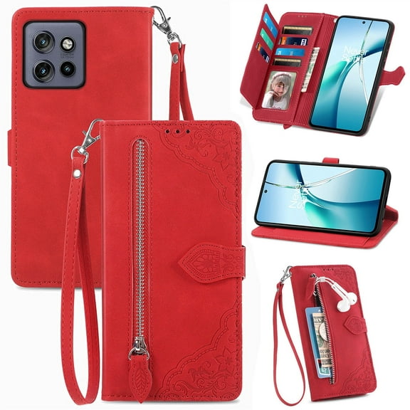 SYITOOCK Phone Case for Motorola Moto Edge 50 Neo, Shockproof PU Leather Wallet Case with Card Slots Anti-Scratch Stand Magnetic Flip Zipper Pocket Cover for Motorola Moto Edge 50 Neo, Red