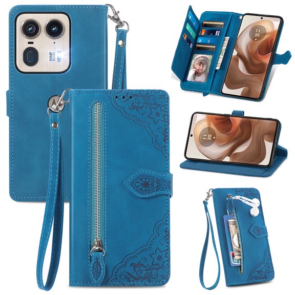 SYITOOCK Phone Case for Motorola Moto Edge 50 Ultra, Shockproof PU Leather Wallet Case with Card Slots Anti-Scratch Stand Magnetic Flip Zipper Pocket Cover for Motorola Moto Edge 50 Ultra, Blue