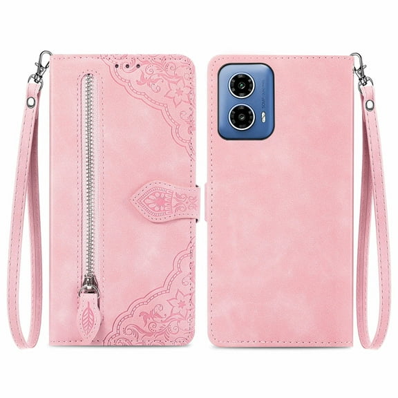 SYITOOCK Phone Case for Motorola Moto G34, Shockproof PU Leather Wallet Case with Card Slots Anti-Scratch Stand Magnetic Flip Zipper Pocket Cover for Motorola Moto G34, Pink