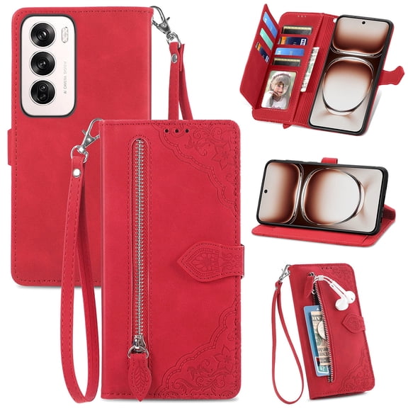 SYITOOCK Phone Case for OPPO Reno 12 Pro, Shockproof PU Leather Wallet Case with Card Slots Anti-Scratch Stand Magnetic Flip Zipper Pocket Cover for OPPO Reno 12 Pro, Red