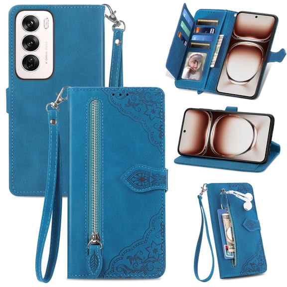 SYITOOCK Phone Case for OPPO Reno 12 Pro, Shockproof PU Leather Wallet Case with Card Slots Anti-Scratch Stand Magnetic Flip Zipper Pocket Cover for OPPO Reno 12 Pro, Blue
