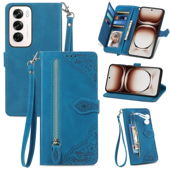SYITOOCK Phone Case for OPPO Reno 12 Pro, Shockproof PU Leather Wallet Case with Card Slots Anti-Scratch Stand Magnetic Flip Zipper Pocket Cover for OPPO Reno 12 Pro, Blue