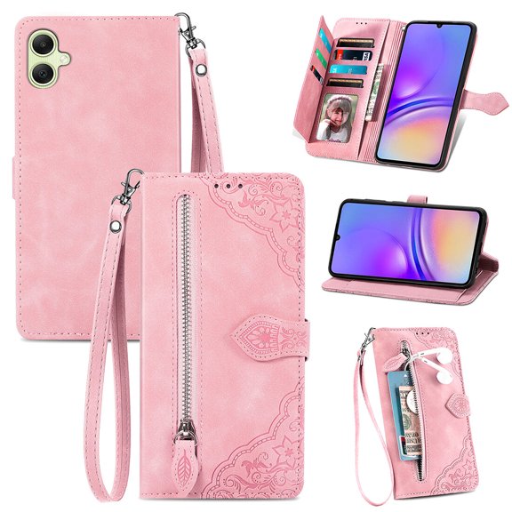 SYITOOCK Phone Case for Samsung Galaxy A05, Shockproof PU Leather Wallet Case with Card Slots Anti-Scratch Stand Magnetic Flip Zipper Pocket Cover for Samsung Galaxy A05, Pink