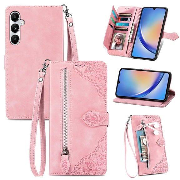 SYITOOCK Phone Case for Samsung Galaxy A35 5G, Shockproof PU Leather Wallet Case with Card Slots Anti-Scratch Stand Magnetic Flip Zipper Pocket Cover for Samsung Galaxy A35 5G, Pink