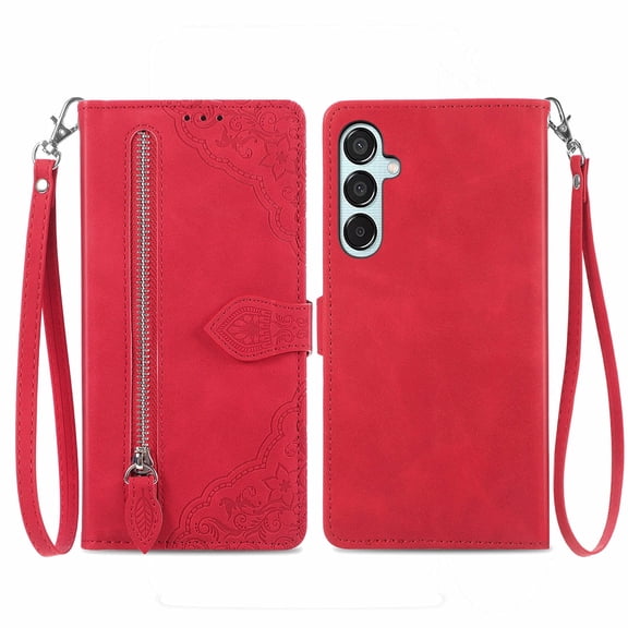 SYITOOCK Phone Case for Samsung Galaxy M15 5G, Shockproof PU Leather Wallet Case with Card Slots Anti-Scratch Stand Magnetic Flip Zipper Pocket Cover for Samsung Galaxy M15 5G, Red