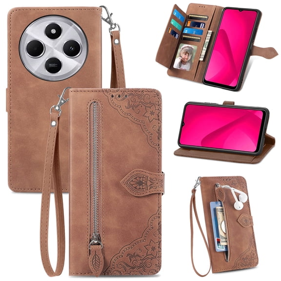 SYITOOCK Phone Case for Xiaomi Redmi 14C, Shockproof PU Leather Wallet Case with Card Slots Anti-Scratch Stand Magnetic Flip Zipper Pocket Cover for Xiaomi Redmi 14C, Brown