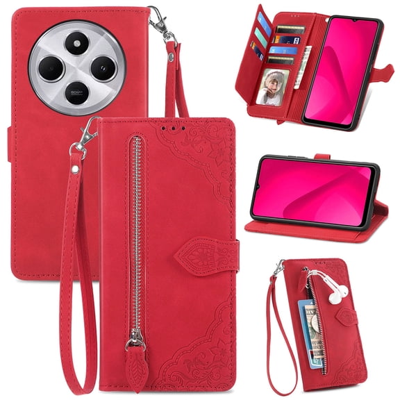 SYITOOCK Phone Case for Xiaomi Redmi 14C, Shockproof PU Leather Wallet Case with Card Slots Anti-Scratch Stand Magnetic Flip Zipper Pocket Cover for Xiaomi Redmi 14C, Red