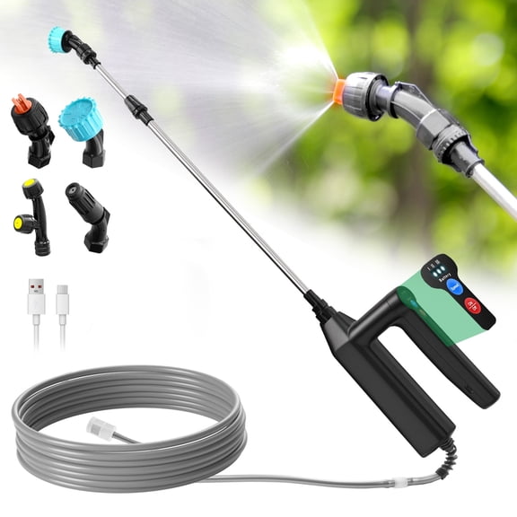 SYLMAX Battery Powered Sprayer Wand, 32 Inch Garden Sprayer Telescopic Wand with 3 Adjustable Speeds, 26.2 FT Hose, 7.4V Rechargeable Electric Watering Handle with 4 Adjustable Nozzles & Filter