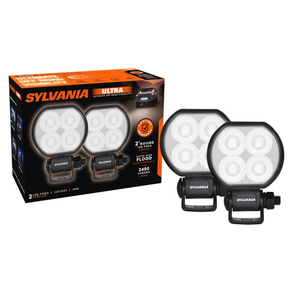SYLVANIA - Ultra 2 Inch Round LED Light Pod - Lifetime Limited Warranty - Flood Light 2400 Raw Lumens, Off Road Driving Work Light, Truck, Car, Boat, ATV, UTV, SUV, 4x4 (2 PC)